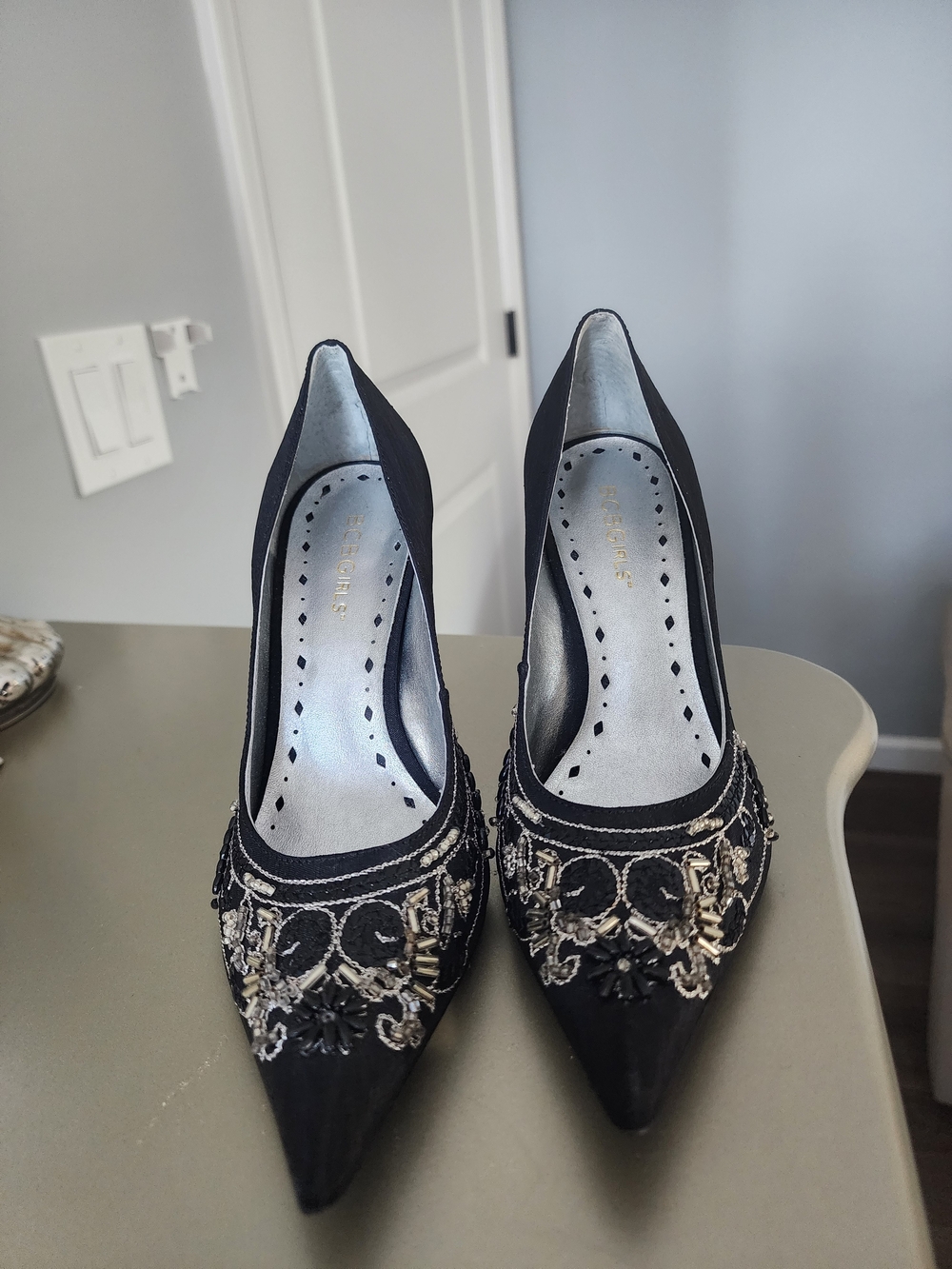 BCBGirls Black Pointed Toe Heels with Silver Beading